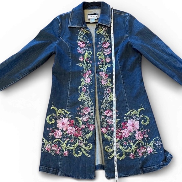 A.M.I Vintage Boho Style Denim Jacket w/Embellishment Pink Green Flowers XL EUC - Picture 5 of 6